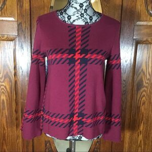Ann Taylor Sweater Burgundy, Red & Black Striped Plaid Long Sleeve